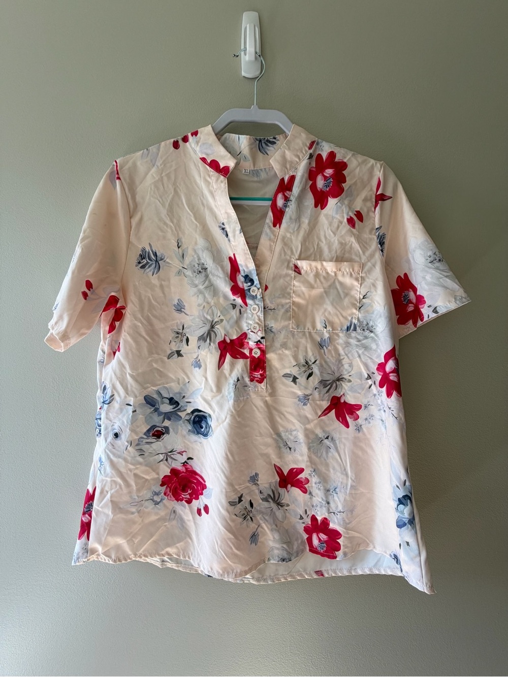 Cream Blouse with Buttons, Red and Blue Floral Print - Picture 7 of 7